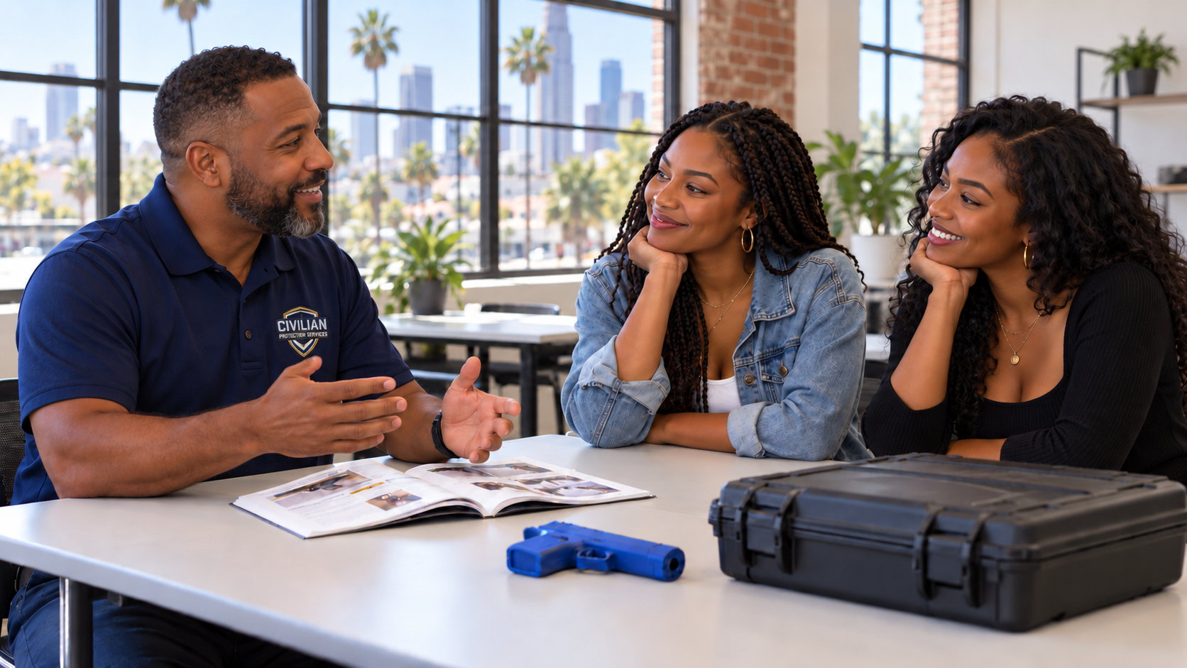 Illustrative image of two women friends attending a beginner firearm consultation with an instructor